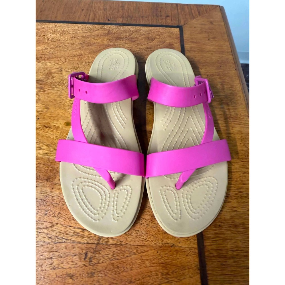 Crocs Womens 7 Pink Sandals Strappy Ankle Strap Iconic Comfort Flat Thong Summer